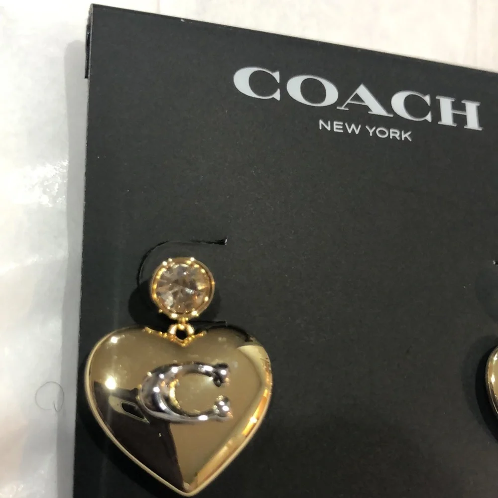 Coach gold plated puffy heart shape citrine gemstone look dangling stud earrings - Picture 10 of 14